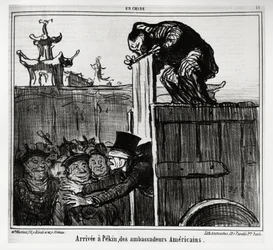 Ankunft der amerikanischen Botschafter in Peking. In der Serie En Chine, Illustration von Honore Daumier (1808-1879), veröffentlicht in „Charivari“, datiert 13. Oktober 1859