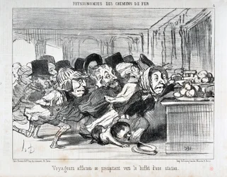 Serie „Physiognomien der Eisenbahnen“. „Hungrige Reisende stürzen sich auf das Buffet einer Station“.