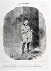 Charivari von 1842: Serie MORES CONJUALES. Meine Frau sagte mir, ich solle fünf Minuten warten, ich gehe zu meiner Schneiderin, vor einer Stunde und einer Viertelstunde, und die Tür sagt, dass auf dem Platz der Schneiderin Studenten sind! MUSEE DES BEAUX A