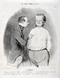 Werk von Honore Daumier (1808-1879). Charivari stammt aus dem Jahr 1845: Serie LES BEAUX DAYS DE LA VIE. Die Bluse - Herr, ich habe Ihnen das beste Kleidungsstück gemacht... mit einem Hemd auf meine Weise können Sie sich in jedem Wohnzimmer präsentieren un