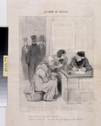 Werk von Honore Daumier (1845): Serie LES PEANS DE JUSTICE. „Müssen Sie einen Brief schreiben, um ihn zärtlich zu machen? - Einen Gerichtsvollzieher anwesend! Sind Sie nicht Franzose, mein guter Mann?“