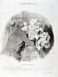 Charivari von 1848: Serie Les beaux jours de la vie. Der Besuch bei der Amme - Lass uns Papa küssen, kleines Kind Liebling - Er will heute nicht, aber normalerweise... MUSEUM OF FINE ARTS - PALACE LONGCHAMP, MARSEILLE