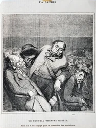 Werk von Honore Daumier (1808-1879). Charivari stammt aus dem Jahr 1864: Serie Skizzen im Theater Ein neues Theatermodell. Nichts wurde für den Komfort der Zuschauer vernachlässigt. MUSEE DES BEAUX ARTS - PALAIS LONGCHAMP, MARSEILLE