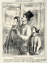 Werk von Honoré Daumier (1808-1879), Le Charivari, 1865: Serie "Skizze, im Salon erschienen". Vor einem Gemälde von Manet: "Warum zum Teufel hat sich diese dicke, rothäutige Frau im Hemd Olympia genannt?" "Aber mein Freund, vielleicht heißt die schwarze
