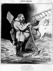 Augiasställe. Mann mit dem Aussehen eines Zwerges in einem Stall: aus „Alte Geschichte“, Karikatur von Honore Daumier
