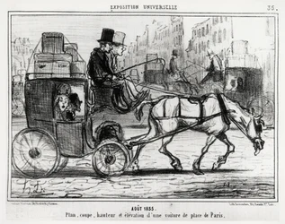 August 1855, Weltausstellung: Plan, Schnitt, Höhe und Erhebung eines Pariser Wagens. Illustration von Honoré Daumier (1808-1879), veröffentlicht in den Nachrichten, Charivari, datiert 4. September