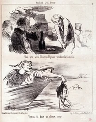 Karikatur über gastronomischen Missbrauch. Serie „Paris qui boire“: „Ansicht auf den Champs Elysees während der Hitzewelle. Gerade einen schrecklichen Schlag getrunken.“ Gravur von Honore Daumier (1808-1879). Auszug aus der Zeitung „Le Charivari“ vom 5. Ju