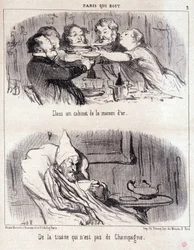 Karikatur über gastronomischen Missbrauch. Serie „Paris, das trinkt“: „In einem Kabinett des Hauses d