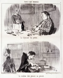 Karikatur über gastronomischen Missbrauch. Serie „Paris qui mange“: Das Frühstück des Chefs. Der sechste Angestellte nimmt seine Mahlzeit.