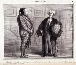 Karikatur über Wissenschaft. Serie „Über den Kometen von 1857“: „Monsieur, ich verlasse Ihren Dienst...“. Gravur von Honore Daumier. Auszug aus der Zeitung „Le Charivari“ am 13. März