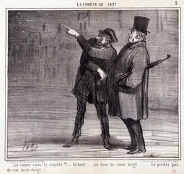 Karikatur über Wissenschaft. Serie zur „Komet von 1857“: „Sehen Sie den Ausschuss?...“ Ein Dieb lenkt die Aufmerksamkeit seines Opfers ab (Gravur von Honore Daumier)