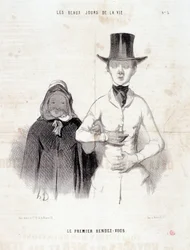 Karikatur über das Paar: Serie „Die schönen Tage des Lebens“: „Das erste Date“. Gravur von Honoré Daumier (1808-1879). Auszug aus der Zeitung „Le Charivari“, 2.-3. Januar.