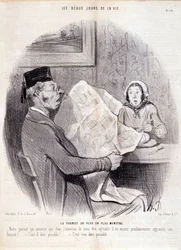 Karikatur über die Presse. Serie „Die schönen Tage des Lebens“: „Das immer monströsere Format...“. Gravur von Honore Daumier (1808-1879). Auszug aus der Zeitung „Le Charivari“ vom 18. Oktober