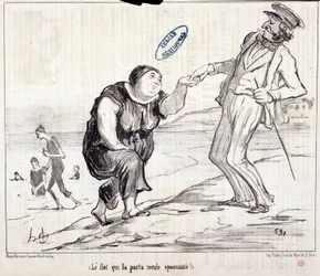 Karikatur über Touristen im Urlaub. Serie Ax Bains de Mer: Die Flut, die es zurückbrachte, erschreckend! Gravur von Honore Daumier. Auszug aus der Zeitung Le Charivari
