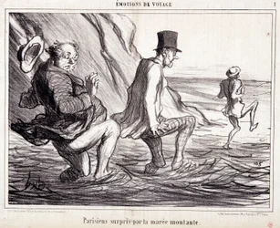 Karikatur über Touristen im Urlaub. Serie „Les Bains de Mer“: „Reiseemotionen. Pariser von der steigenden Flut überrascht“. Gravur von Honoré Daumier (1808-1879). Auszug aus der Zeitung „Le Charivari“ vom 8. Oktober.