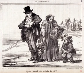 Karikatur über den Weinbau. Serie „Herbstskizze“: „Bei der Ernte. Missbrauch der Trauben von 1857“ Gravur von Honore Daumier (1808-1879). Auszug aus der Zeitung „Le Charivari“ vom 16. Oktober