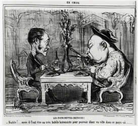 Chinesische Gabeln: „Teufel! aber man muss ein sehr geschickter Stabspieler sein, um in dieser Stadt essen zu können.“, in der Serie En Chine, Illustration von Honore Daumier (1808-1879), veröffentlicht in „Charivari“