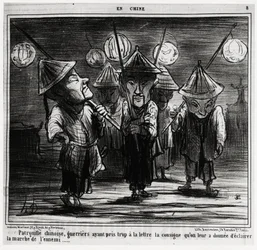 Chinesische Patrouille, Krieger, die die ihnen gegebenen Anweisungen zu wörtlich genommen haben, um den Marsch des Feindes zu beleuchten. In der Serie En Chine, Illustration von Honore Daumier (1808-1879), veröffentlicht in „Charivari“, datiert 25. Januar