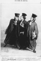 Kommen Sie, liebe Kollegen... Sie irren sich, außerhalb des Gerichts zu streiten... dieser Ort muss das Gericht für Streitparteien sein... aber Anwälte sollten niemals Worte verlieren... aus der Serie „Gens de Justice“, Karikaturen über die Justiz von Hono