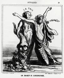 Europa und Frieden: ein besonderer Kuss. Illustration von Honoré Daumier (1808-1879), veröffentlicht in den Nachrichten, Charivari, datiert 1. April