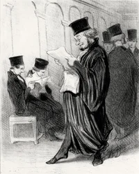 Anwalt Chabotard beim Lesen eines juristischen Journals mit einem Lob auf sich selbst, 1846