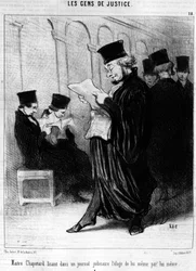 Maitre Chapotter liest in einer juristischen Zeitschrift das Lob über sich selbst von sich selbst, aus der „Gens de Justice“, Serie von Karikaturen über die Justiz von Honore Daumier (1808-1879). „Charivari“