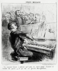 Musikalische Skizzen: ein Herr, der beweisen möchte, dass er gleichzeitig singen und Klavier spielen kann, was sehr unelegant ist. Illustration von Honore Daumier (1808-1879), veröffentlicht in „Charivari“, datiert 17. Februar 1852