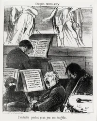 Musikalische Skizzen: das Orchester beim Spielen einer Tragödie. Illustration von Honore Daumier (1808-1879), veröffentlicht in „Charivari“, datiert 5. April 1852