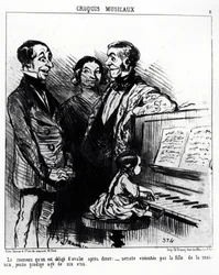 Musikalische Skizzen: das Lied, das man nach dem Abendessen schlucken muss: Sonate, ausgeführt von der Tochter des Hauses, einem jungen Wunderkind im Alter von sechs Jahren. Illustration von Honore Daumier (1808-1879), veröffentlicht in „Charivari“, datier