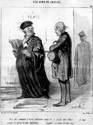 Mein lieber Herr, es ist absolut unmöglich für mich, Ihrem Geschäft zu gefallen... Ihnen fehlen die wichtigsten Teile... (nebenbei) die Münzen!... , aus der Serie „Gens de Justice“, Karikaturen über die Justiz von Honore Daumier (1808-1879). „Charivari“