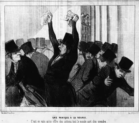 Panik an der Börse. Es war vergeblich, dass Aktien angeboten wurden, jeder nahm sie weg: aus „Actualites“, einer Serie von Karikaturen über die Börse von Honore Daumier. Charivari