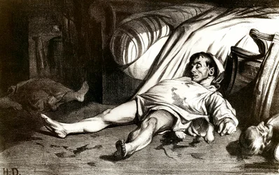 Das Massaker der Rue Transnonain am 14.04.1834: Das Militär massakriert die Bewohner des Gebäudes 12 Rue Transnonain in Paris. Lithographie von Honore Daumier. Private Sammlung