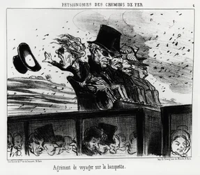 Die Physiognomie der Eisenbahnen: es ist das Recht, auf der Bank zu reisen. Illustration von Honoré Daumier (1808-1879), veröffentlicht in Charivari