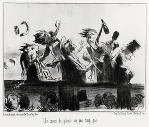 Ein etwas zu fröhlicher Vergnügungszug, in der Serie Die Eisenbahnen, Illustration von Honore Daumier (1808-1879), veröffentlicht in „Charivari“, datiert 20. August 1852