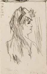 a. Kopf eines alten Mannes von Daumier (oben links); b. Chez Charles Beriot von Taiee (oben Mitte); c. Kopf einer jungen Frau von Rops (oben rechts); d. Flusslandschaft von Harpignies (unten Mitte); e. Profil einer jungen Frau