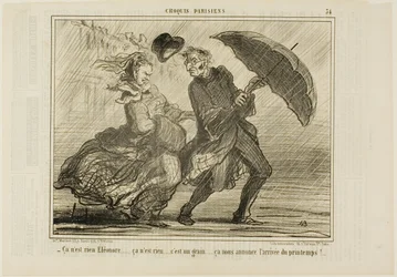 „- Keine Sorge, Eleonore... es ist nichts, es ist nur ein kleiner Wind, der die Ankunft des Frühlings ankündigt,“ Platte 34 aus Croquis Parisiens
