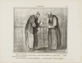„- Oh, Madame Chaboulard, ich frage mich, was in den nächsten zwölf Monaten passieren wird... das neue Jahr beginnt an einem Freitag! ... - Das ist mir egal, ich bin nicht abergläubisch... ich glaube nur an die Zahl 13 und an Spinnen!“, Tafel 477 aus Actua