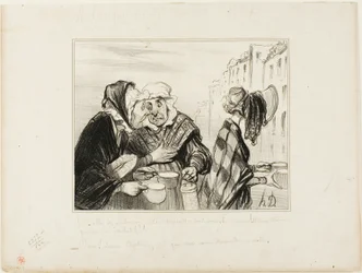 „- Was für ein Aufhebens macht dieses sauertöpfische Gesicht aus dem fünften Stock! Einen Hut tragen, nur um zwei Tassen Milch für einen Sou zu kaufen! - Oh, Madame Capitaine, heute sind wir aber schick...,“ Platte 36 Typen Parisiens