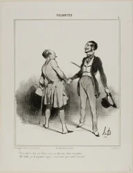 „- Du musst zum Abendessen kommen, meine Frau wird in der Stadt essen... es sind nur wir zwei Männer! - Ah, der Teufel! Ich habe schreckliche Kopfschmerzen (beiseite) und seine Frau wartet auf mich!“, Platte 7 aus Vulgarités