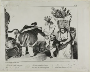 "Von Ihren gehorsamen Untertanen erhalten Sie an Ihrem Ehrentag diese zwei bescheidenen Blumensträuße. Sie werden Sie erfreuen, da das Volk von Frankreich allein die Kosten übernommen hat," Platte 486