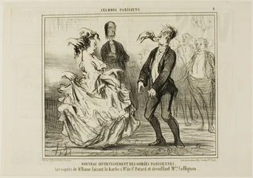 Neue Unterhaltung bei den Pariser Abendgesellschaften. Der Geist von Herrn Hume rasiert den Bart von Monsieur de St. Potard und löst das Haar von Madame Coffignon, Tafel 8 aus Ces Bons Parisiens
