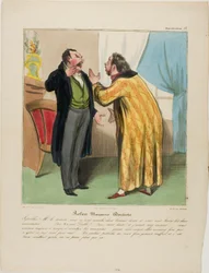 Robert Macaire, Zahnarzt. „- Verdammt, Doktor, Sie haben zwei gesunde Zähne gezogen und die beiden schlechten dringelassen. - (Robert Macaire beiseite) Zum Teufel!!! … (laut) Natürlich.... Und das aus gutem Grund: Es wird noch genug Zeit geben, die