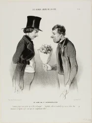 Die Eröffnungsnacht! „Was! Sogar mein Pförtner bietet mir Blumen an!... Um Himmels willen, diese Komödie wird mich ein Vermögen kosten... Ich beginne zu bereuen, dass sie nicht gleich von der Bühne gebuht wurde,“ Tafel zwölf aus Les beaux jours de la vie