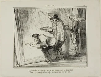 Die Woche vor der Eröffnung der Kunstausstellung. Chor: „- Mut, lasst uns die Arbeit beenden! Dafür sind Freunde da,“ Tafel 399 aus Actualités