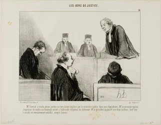 Die Verteidigung lobt das Talent der Anklage, während der Generalstaatsanwalt die Eloquenz der Verteidigung bewundert. Der Richter applaudiert beiden und alle sind zufrieden, außer dem Angeklagten, Platte 16 aus Les Gens De Justice