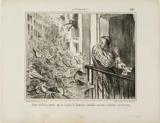 Ansicht der Straßen von Paris nach der Aufführung der berühmten moralistischen Komödie "La Bourse," Platte 330 aus Actualités