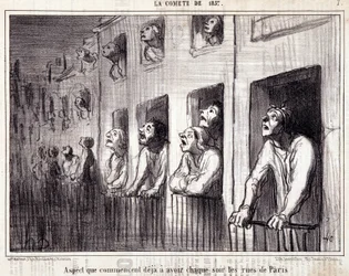 Karikatur über Wissenschaft. Serie „Der Komet von 1857“: „Aspekt, den die Straßen von Paris jede Nacht annehmen“. Gravur von Honoré Daumier (1808-1879). Auszug aus der Zeitung „Le Charivari“.