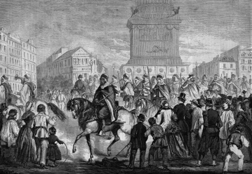 Parade der Spahis der algerischen Kolonialarmee in den Straßen von Paris (Durchfahrt über den Place de la Bastille)