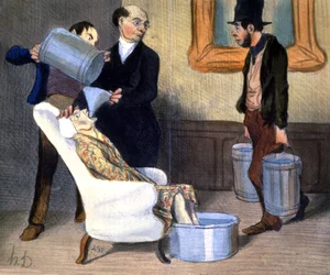 Hydrotherapie, Genesung durch Wasseraufnahme, um 1850 (Illustration)