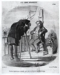 Die guten Bürger - Die bequemste Position für ein schönes Porträt im Daguerreotyp, Karikatur von Daumier - in „Charivari“ vom 24.07.1847